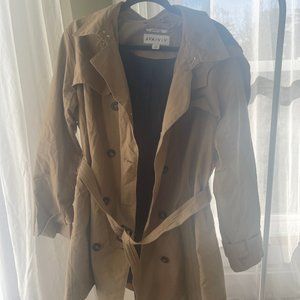 Tan Water-Resistant Tie-Belt Trench Coat with Removable Hood